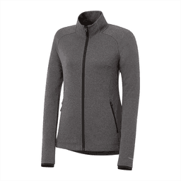 A women's eco knit jacket in dark grey with a full zip and side pockets, featuring a logo on the sleeve.