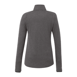 A women's jacket in dark grey, featuring a high collar and long sleeves, with a logo on the back.