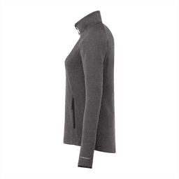 A women's grey eco knit jacket featuring a zippered front and a side pocket, with a small logo on the sleeve.