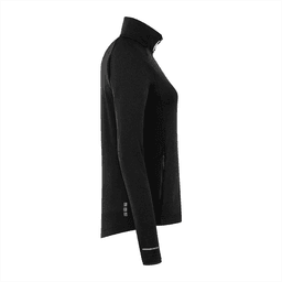 A women's black eco-knit jacket with a high collar and zip pockets, featuring a logo on the side.