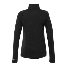 A black women's knit jacket with a high collar and long sleeves, featuring a logo on the side.