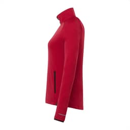 A red women's jacket with a high collar and a zippered pocket, featuring a subtle logo.