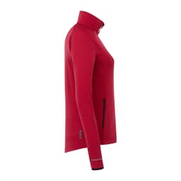 A women's eco knit jacket in red, featuring a high collar and a zip pocket, with a subtle logo detail.
