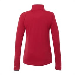 A women's red jacket with a high collar and long sleeves, featuring a logo on the side.