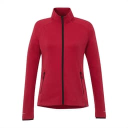 A red eco knit jacket for women featuring zip pockets and a high collar, with a black zip and logo.