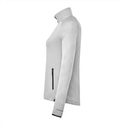 A women's eco knit jacket in a light grey colour with a high collar and zippered pocket, featuring a logo.