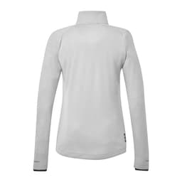 A women's eco knit jacket in light grey, featuring a high collar and long sleeves, with a logo on the sleeve.