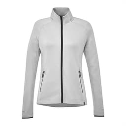 A women's eco knit jacket in light grey with a zip front and two side pockets. Features a logo on the sleeve.