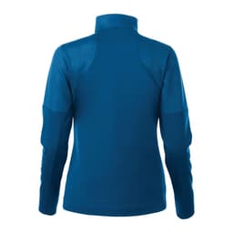 A women's full zip performance jacket in blue with thumb holes, featuring a textured back and shoulder detailing.