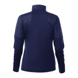 A navy women's full zip performance jacket with thumb holes, featuring a structured fabric design and a collar.