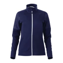 A women's full zip performance jacket in navy blue with thumb holes and a logo on the chest.