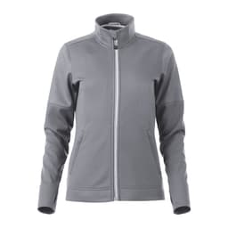 A women's full zip performance jacket in grey with thumb holes and logo on the chest.