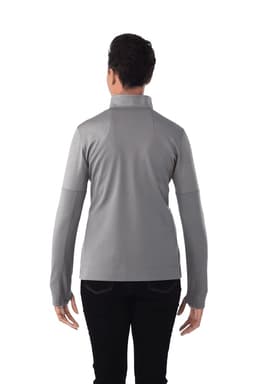A grey women's performance jacket with a full zip and thumb holes, featuring a high collar and fitted design.