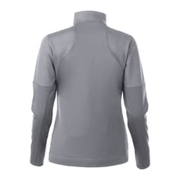 A grey women's full zip performance jacket with thumb holes, featuring a textured back design and a collar.
