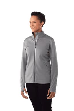 A women's full zip performance jacket in grey, featuring thumb holes and a sleek design, with a logo on it.