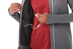 A grey women's full zip performance jacket with thumb holes, featuring an interior pocket for audio accessories.