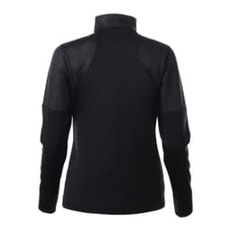 A black women's full zip performance jacket featuring knit texture and thumb holes, with a branded logo on the back.