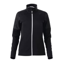 A black full zip performance jacket with thumb holes and a logo, featuring a fitted design and textured panels.