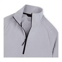 A light grey quarter zip jacket featuring a textured fabric and a small logo on the collar.