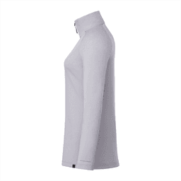 A quarter zip jacket for women in light grey, featuring a sleek design and a branding logo.
