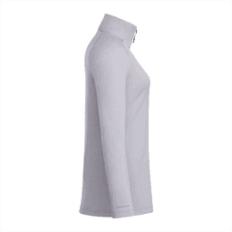 A light grey women's quarter zip jacket with a high collar, featuring a logo and a stylish, fitted design.