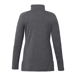 A quarter zip female jacket in a dark grey colour featuring a high collar and long sleeves. It has a logo.