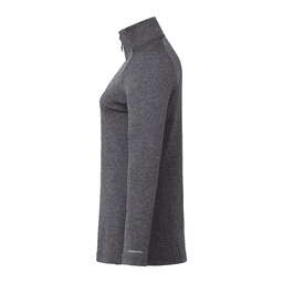 A grey knit quarter zip jacket for women with a high collar, featuring a logo on the sleeve.