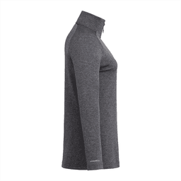 A grey quarter-zip jacket with a collar, featuring a fitted design and a logo.
