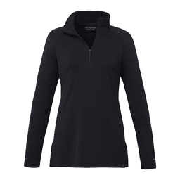 A black women's quarter-zip jacket with long sleeves and a stand-up collar, featuring a logo.