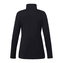 A women's quarter zip jacket in black, featuring long sleeves and a high collar. It includes a logo on the sleeve.