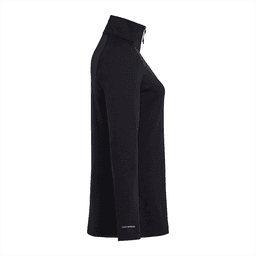 A black women's quarter zip jacket with a high collar, featuring long sleeves and a simple design.