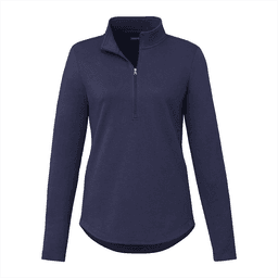 A navy quarter zip jacket for women featuring long sleeves and a high collar. It has a branded logo.