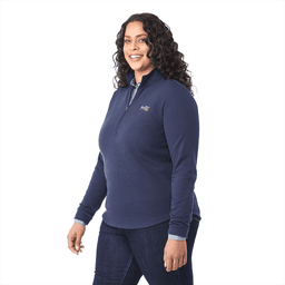 A women's quarter zip jacket in navy blue with a logo, featuring a fitted design and long sleeves.