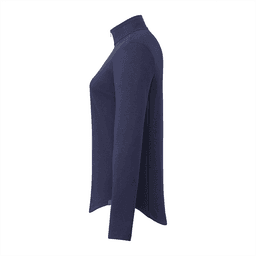 A navy quarter zip jacket for women, featuring long sleeves and a sleek design. It includes a branding logo.
