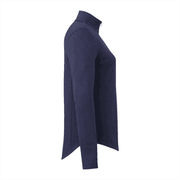 A navy women's quarter zip jacket with a fitted silhouette and long sleeves, featuring a branded logo.