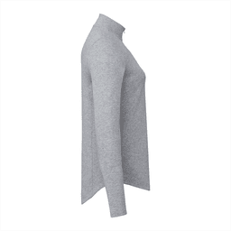 A grey quarter-zip jacket for women, featuring a sleek design and long sleeves, with a logo on the fabric.