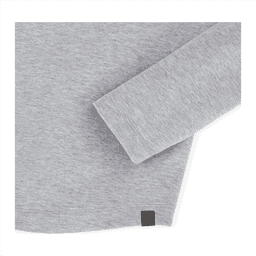 A light grey quarter zip jacket with a subtle branding tag at the hem and a soft knit texture.