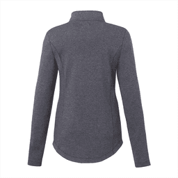 A women's eco knit quarter zip jacket in dark grey with long sleeves and a high collar. It features a logo.