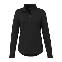 A black women's quarter zip jacket with long sleeves and a collar, featuring a small logo.
