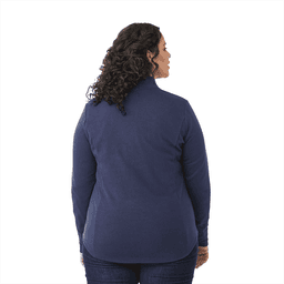A navy quarter zip jacket for women, featuring a fitted design and a logo on the back.