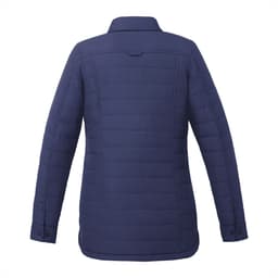 A navy insulated shacket with a quilted design, featuring a collar and buttoned cuffs, and a branding logo.