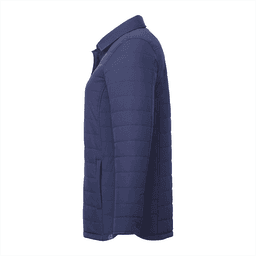 A navy women's insulated shacket featuring a collared design and quilted texture. It has a logo.