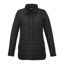 A black insulated shacket for women with a button-up front and side pockets. It features a branding logo.
