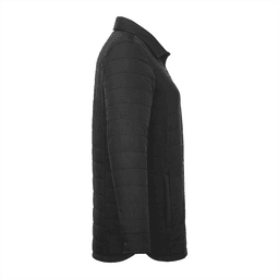 A black insulated shacket for women, featuring a collared neckline and a side view design. It has a logo detail.