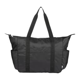 A black packable travel duffel bag with sturdy handles and side pockets. It features a logo on the front.