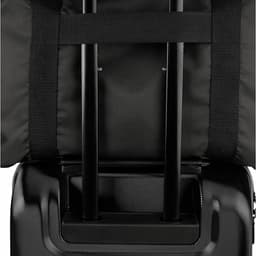 A packable travel duffel bag in black with adjustable straps and a retractable handle. Features a logo.