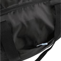 A packable travel duffel bag in black, featuring a zippered pocket and sturdy handles. It has a logo.