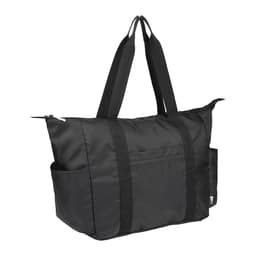 A black packable travel duffel bag with dual handles and side pockets, featuring a logo.