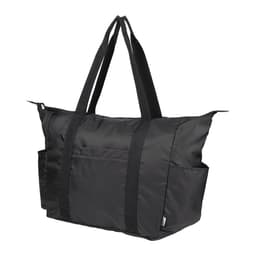 A packable travel duffel bag in black, featuring sturdy handles and multiple exterior pockets. It has a logo present.