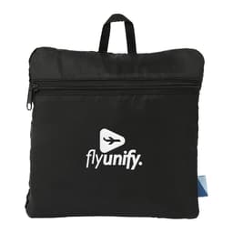 A packable travel duffel bag in black, featuring a logo and a top handle for easy carrying.